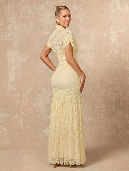 Lumalex Women's Elegant Summer Pale Yellow Lace Dress,Tea Party Gender Reveal Wedding Guest Formal Graduation Soiree Beach Quiet Luxury Striking Party Flair