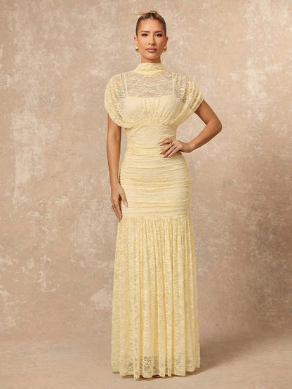 Lumalex Women's Elegant Summer Pale Yellow Lace Dress,Tea Party Gender Reveal Wedding Guest Formal Graduation Soiree Beach Quiet Luxury Striking Party Flair