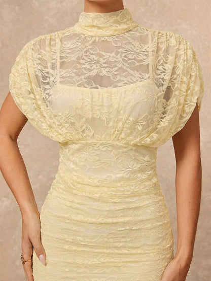Lumalex Women's Elegant Summer Pale Yellow Lace Dress,Tea Party Gender Reveal Wedding Guest Formal Graduation Soiree Beach Quiet Luxury Striking Party Flair