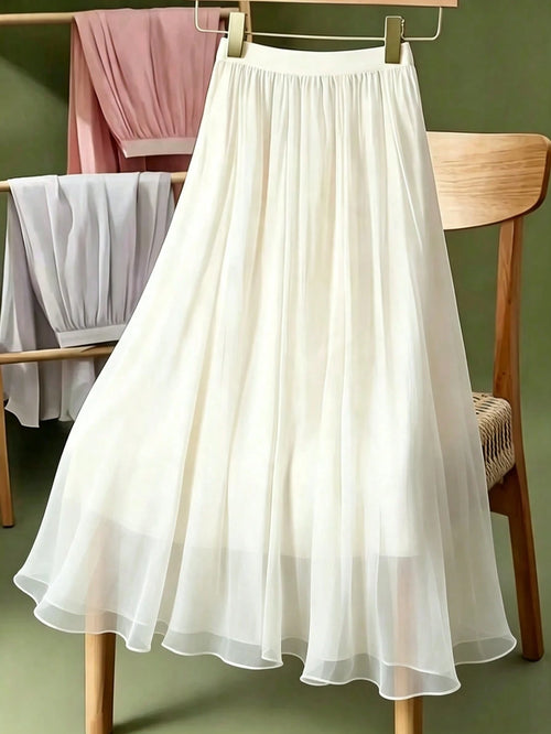 LuminousWealth Women's Solid Color Shiny Elegant A-Line Skirt, Flowy Ruffle Detail, All Seasons, Holiday, Party Must-Have White