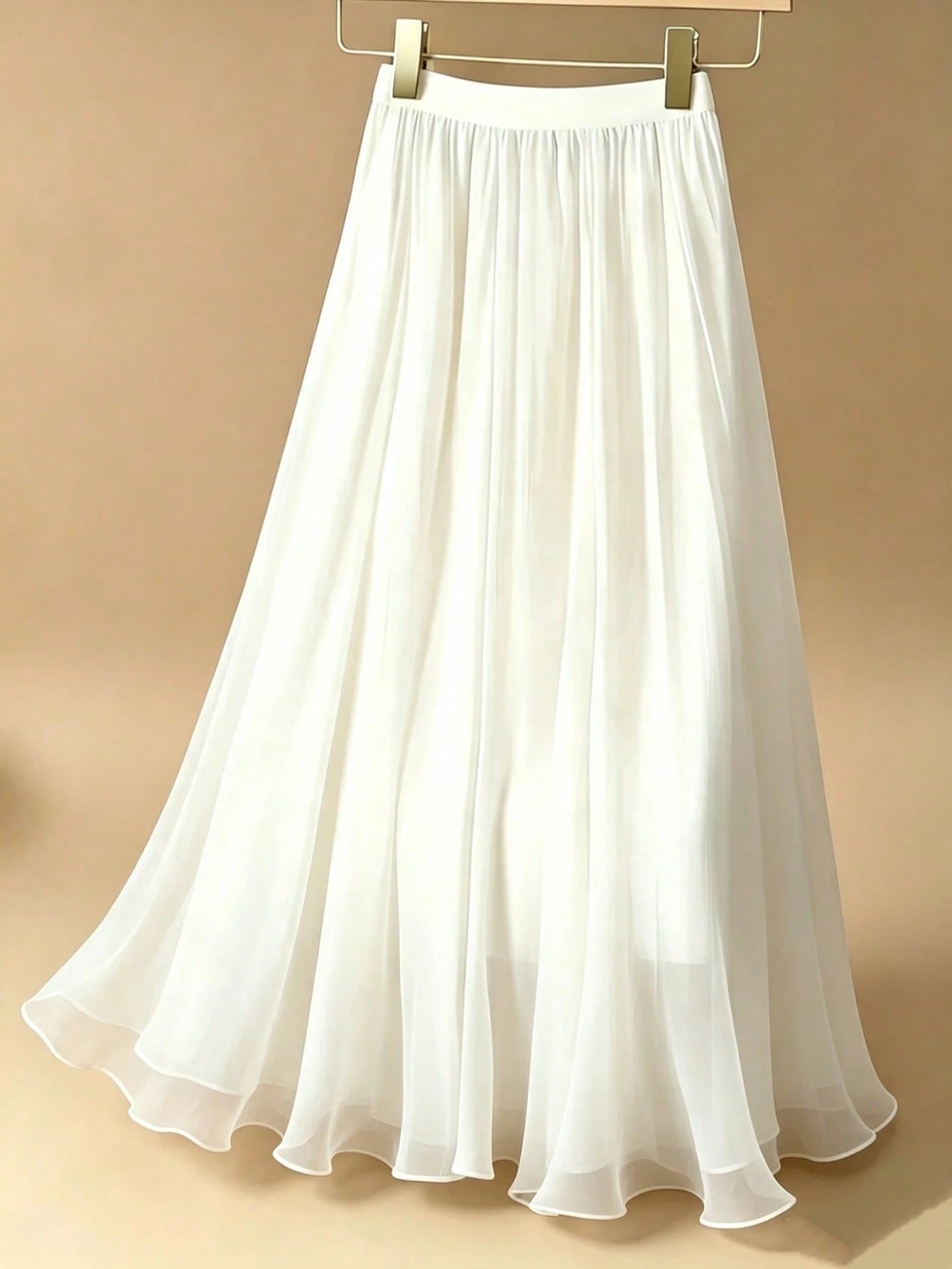 LuminousWealth Women's Solid Color Shiny Elegant A-Line Skirt, Flowy Ruffle Detail, All Seasons, Holiday, Party Must-Have White