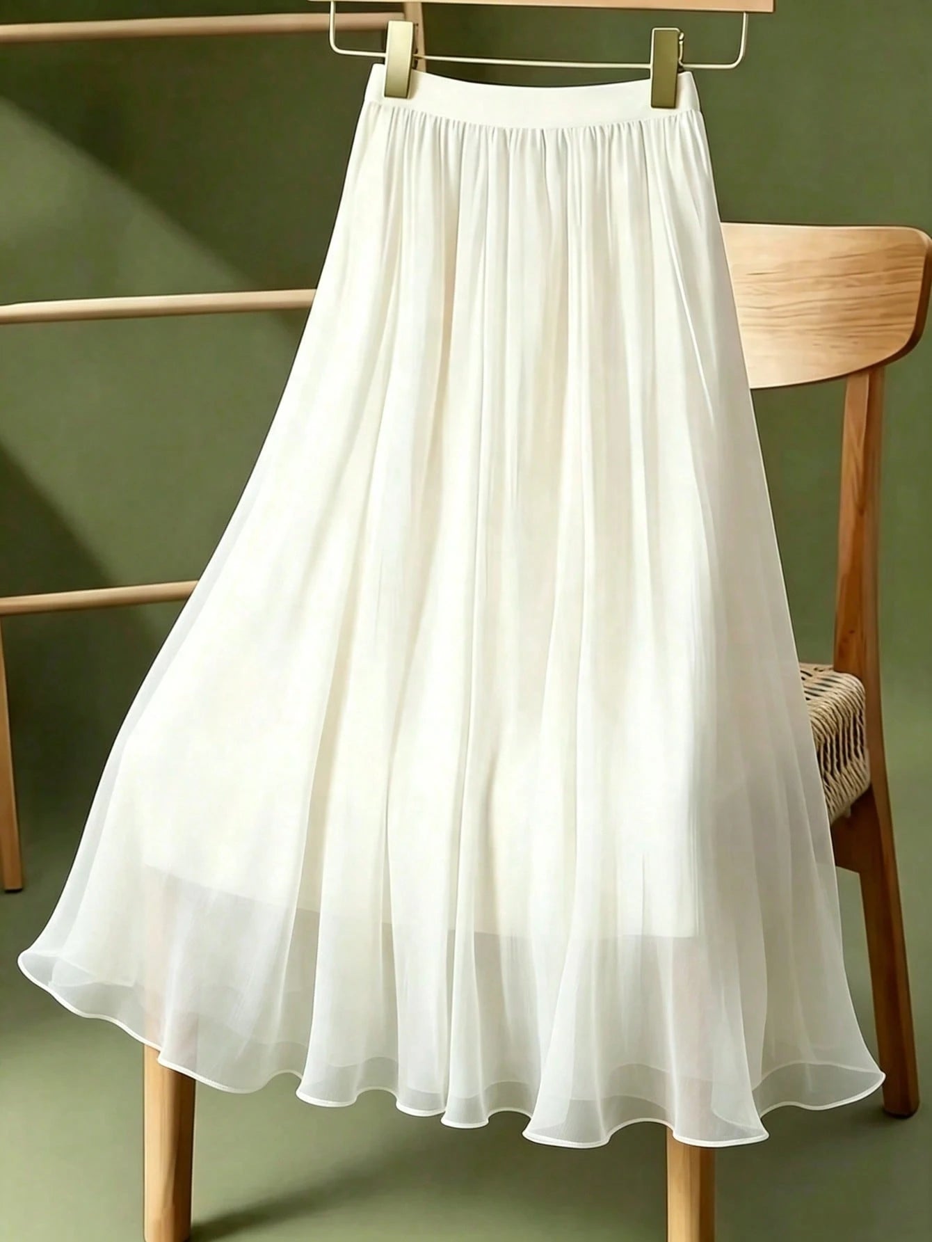 LuminousWealth Women's Solid Color Shiny Elegant A-Line Skirt, Flowy Ruffle Detail, All Seasons, Holiday, Party Must-Have White
