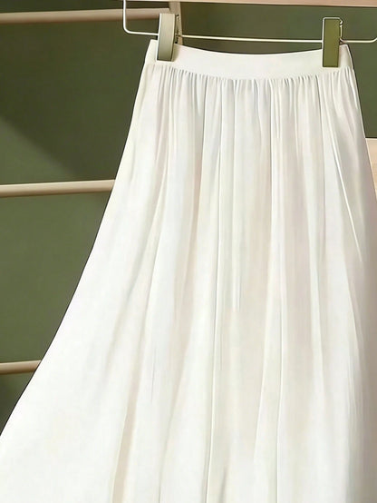 LuminousWealth Women's Solid Color Shiny Elegant A-Line Skirt, Flowy Ruffle Detail, All Seasons, Holiday, Party Must-Have White