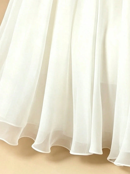 LuminousWealth Women's Solid Color Shiny Elegant A-Line Skirt, Flowy Ruffle Detail, All Seasons, Holiday, Party Must-Have White