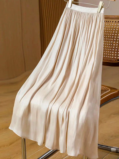 LuminousWealth Women's Solid Color Shiny Elegant A-Line Skirt, Flowy Ruffle Detail, All Seasons, Holiday, Party Must-Have White