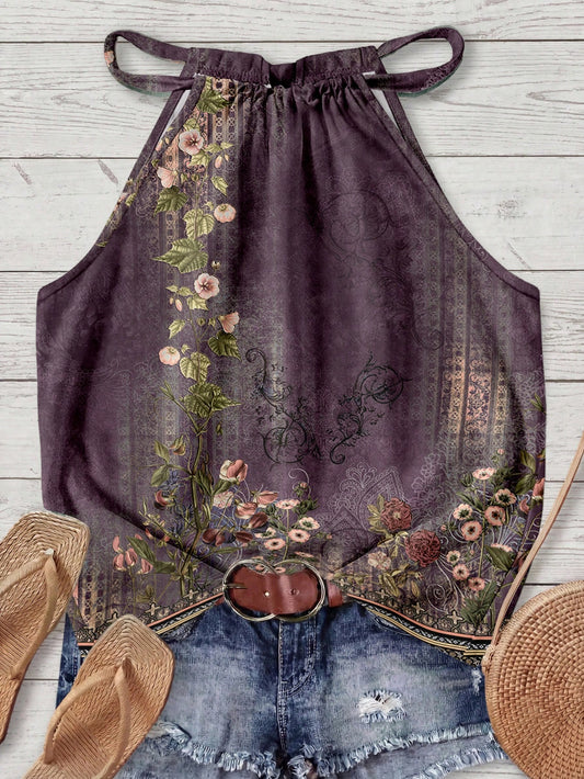 LUNE Casual Minimalist Dark Purple Vintage Floral Pattern Women's Halter Neck Tank Top Suitable For Spring And Summer