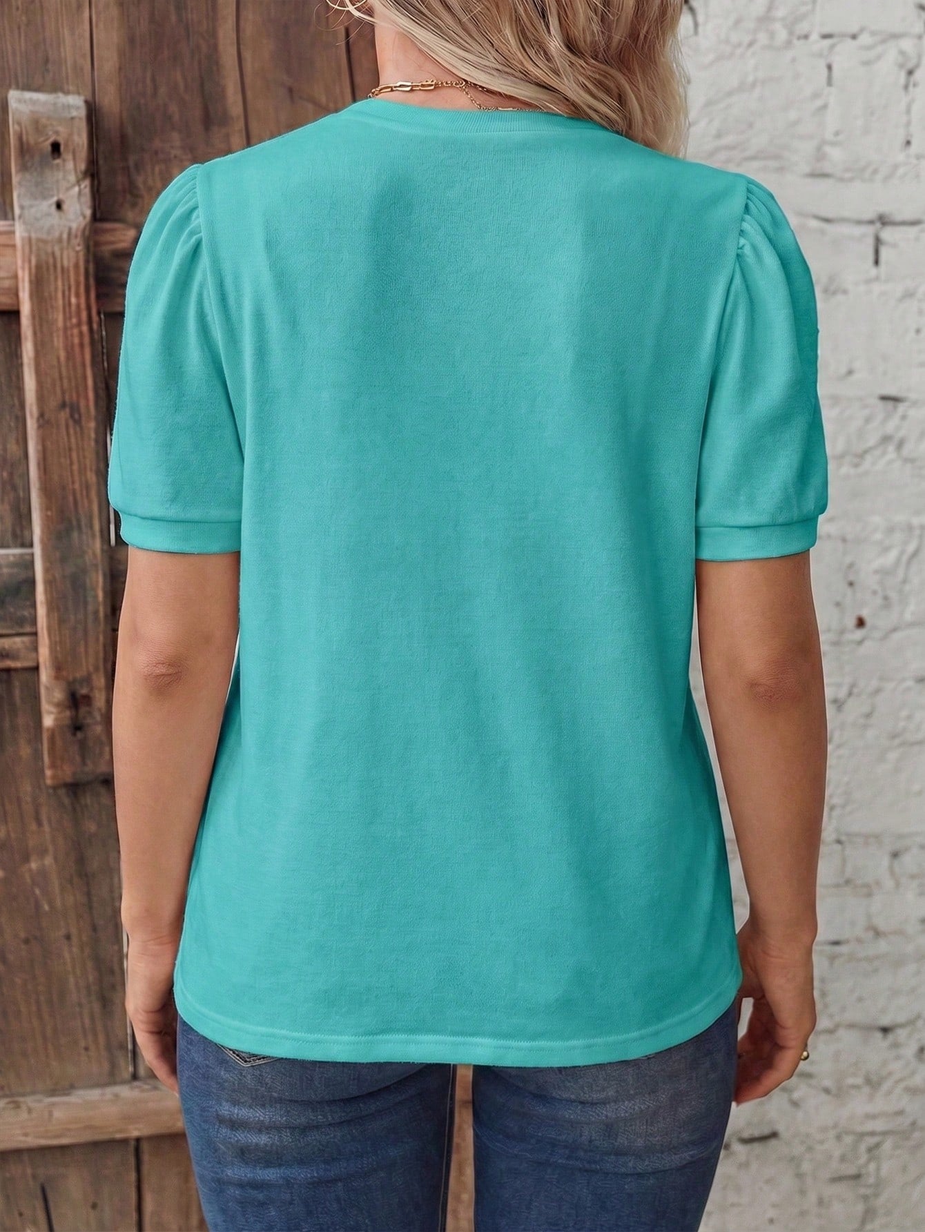 LUNE Casual Retro Blue Basic Bubble Short Sleeve Round Neck White Basic Plus Size T-Shirt