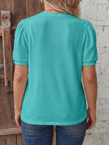LUNE Casual Retro Blue Basic Bubble Short Sleeve Round Neck White Basic Plus Size T-Shirt