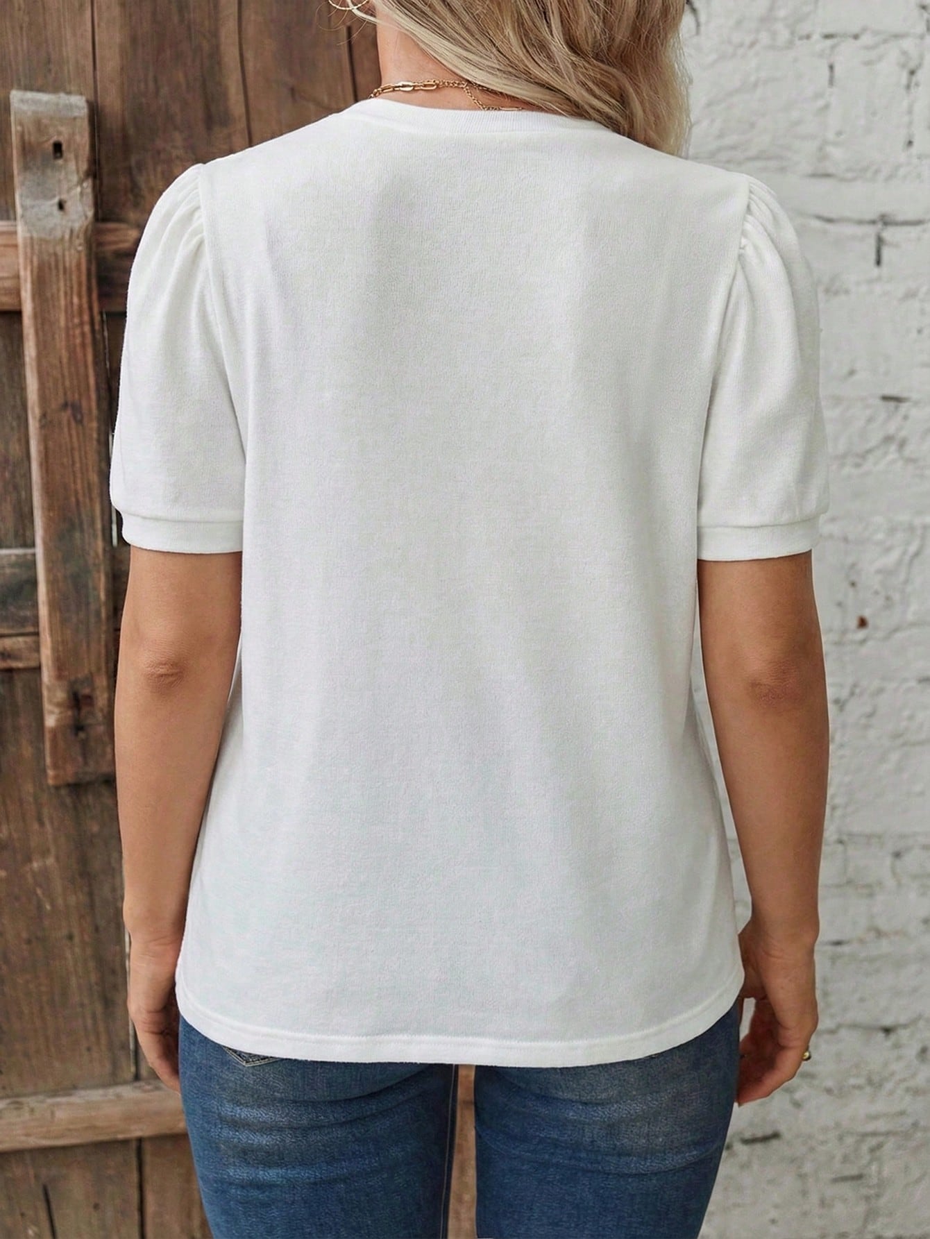 LUNE Casual Retro Blue Basic Bubble Short Sleeve Round Neck White Basic Plus Size T-Shirt