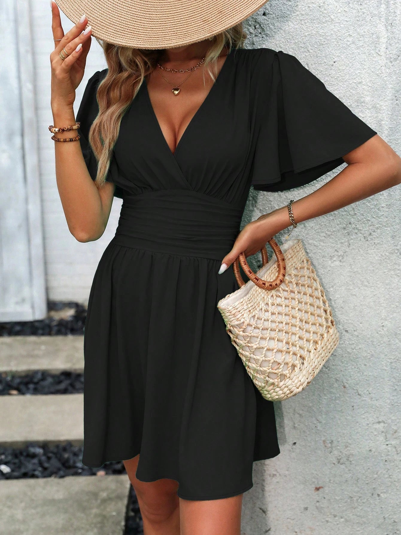 LUNE Casual Solid Color Waist Cinched Dress