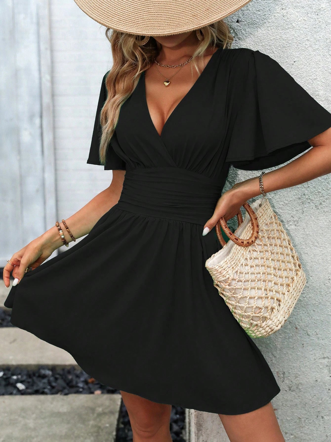 LUNE Casual Solid Color Waist Cinched Dress