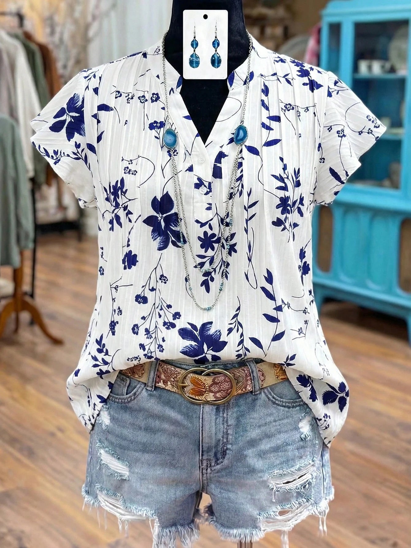 LUNE CURVE Plus Size Women Plant Print Cap Sleeve Shirt