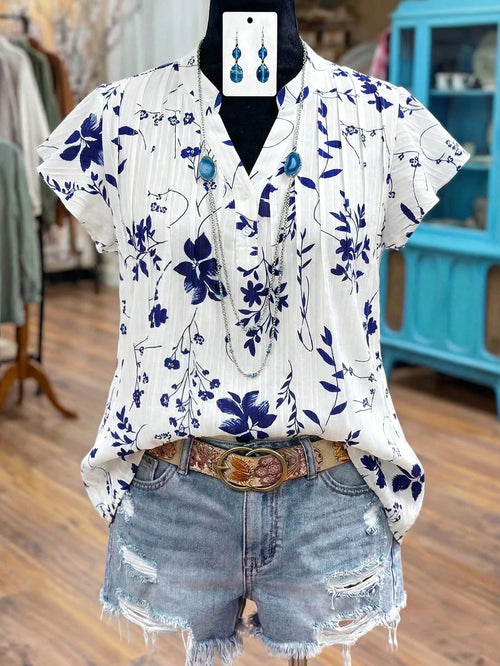 LUNE CURVE Plus Size Women Plant Print Cap Sleeve Shirt