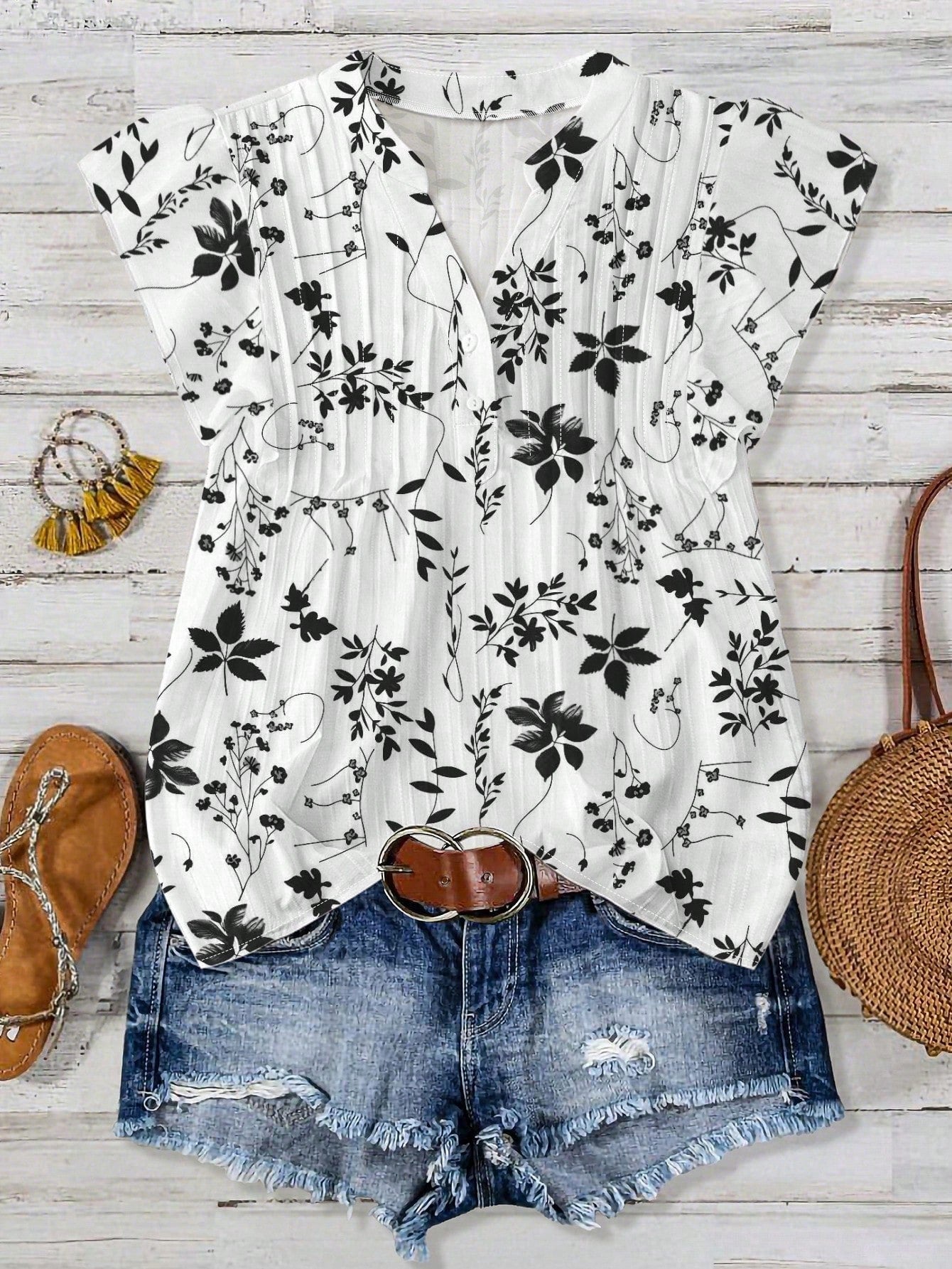 LUNE CURVE Plus Size Women Plant Print Cap Sleeve Shirt