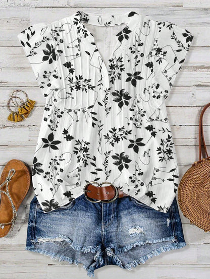 LUNE CURVE Plus Size Women Plant Print Cap Sleeve Shirt