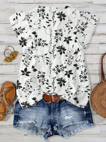LUNE CURVE Plus Size Women Plant Print Cap Sleeve Shirt