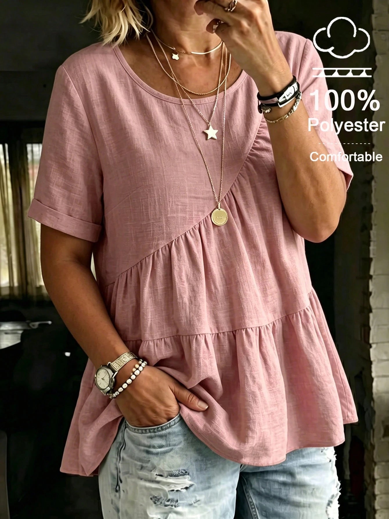 LUNE CURVE Women's Round Neck Casual Pink Shirt, Summer Blouse, Outdoor Casual Pastoral Top