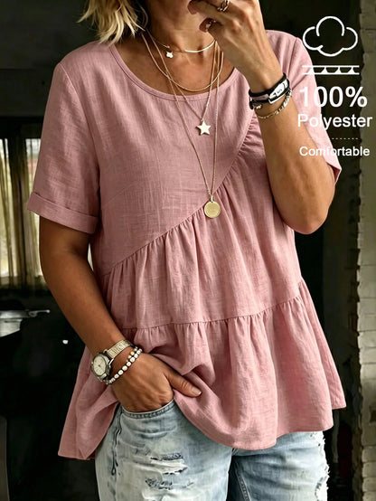 LUNE CURVE Women's Round Neck Casual Pink Shirt, Summer Blouse, Outdoor Casual Pastoral Top