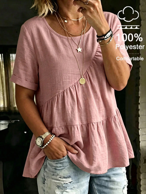 LUNE CURVE Women's Round Neck Casual Pink Shirt, Summer Blouse, Outdoor Casual Pastoral Top