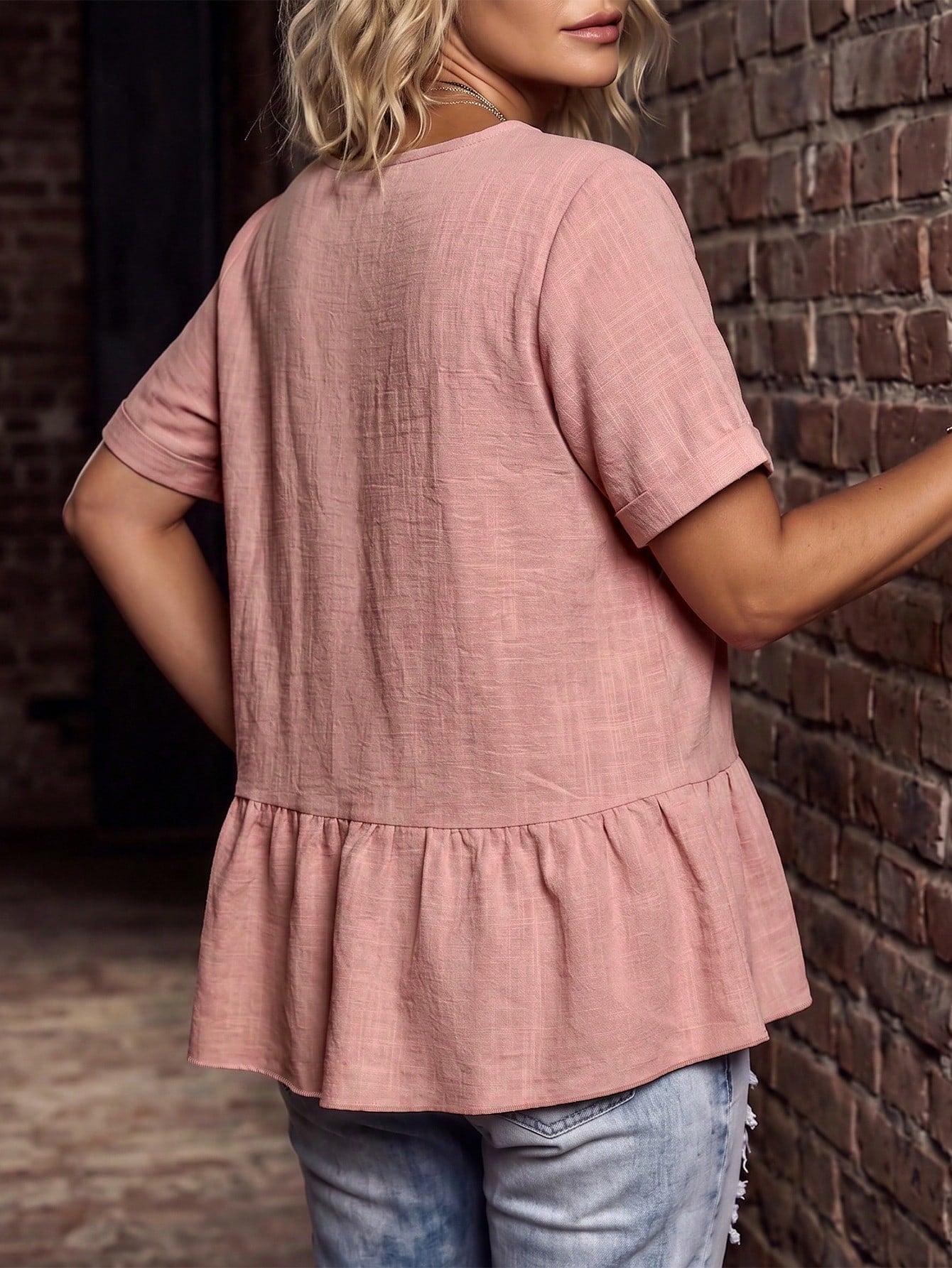 LUNE CURVE Women's Round Neck Casual Pink Shirt, Summer Blouse, Outdoor Casual Pastoral Top