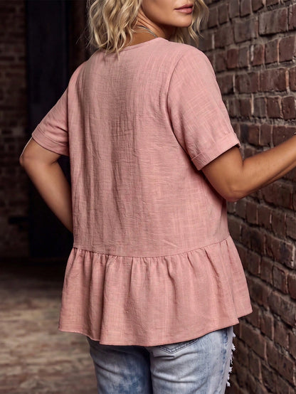 LUNE CURVE Women's Round Neck Casual Pink Shirt, Summer Blouse, Outdoor Casual Pastoral Top