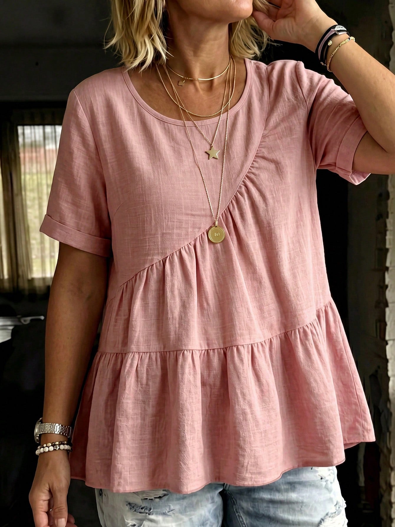 LUNE CURVE Women's Round Neck Casual Pink Shirt, Summer Blouse, Outdoor Casual Pastoral Top