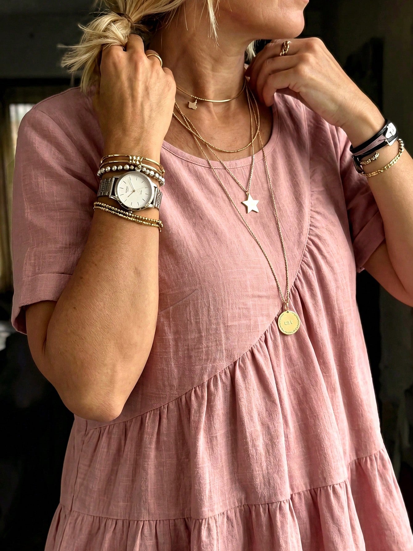 LUNE CURVE Women's Round Neck Casual Pink Shirt, Summer Blouse, Outdoor Casual Pastoral Top