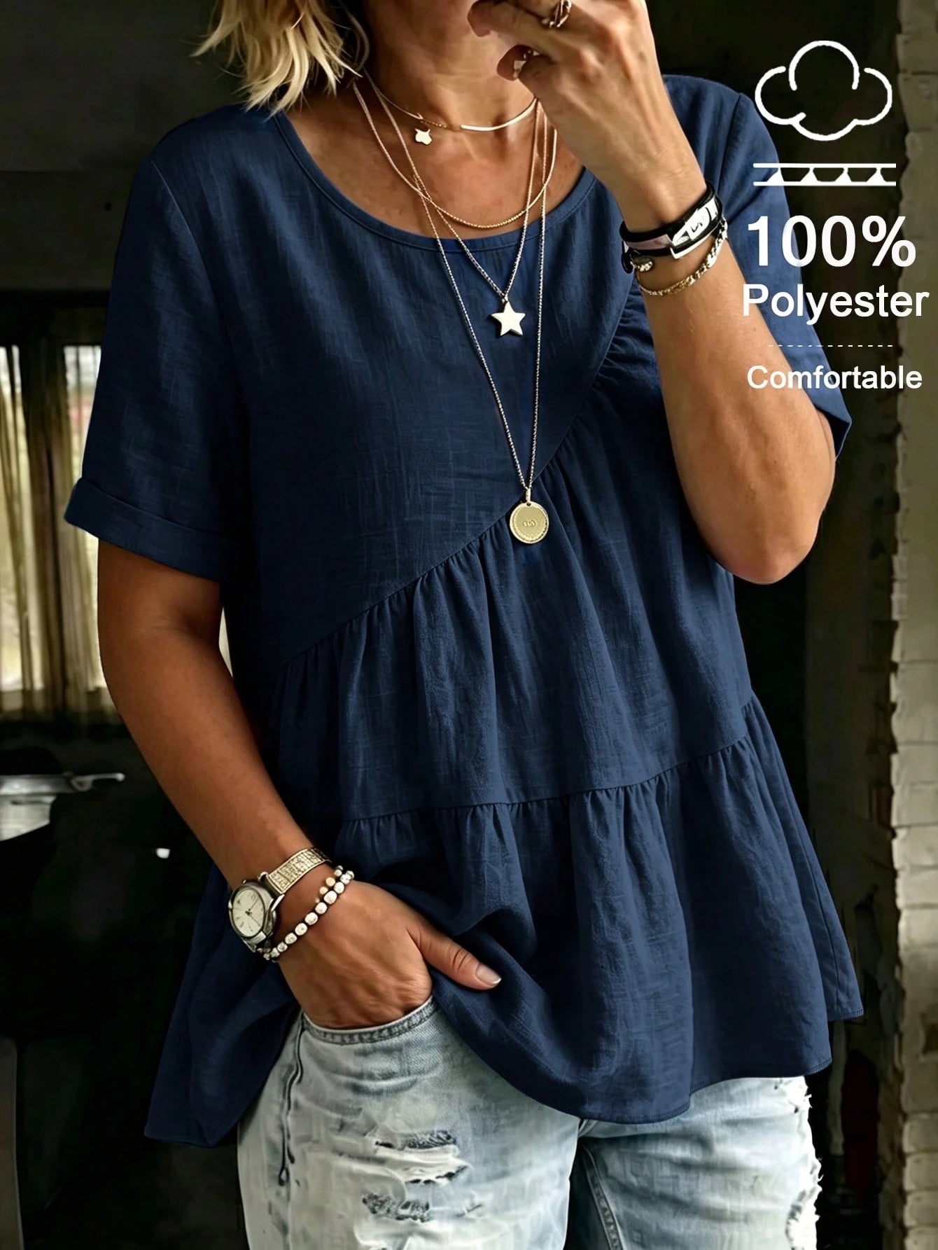 LUNE CURVE Women's Round Neck Casual Pink Shirt, Summer Blouse, Outdoor Casual Pastoral Top