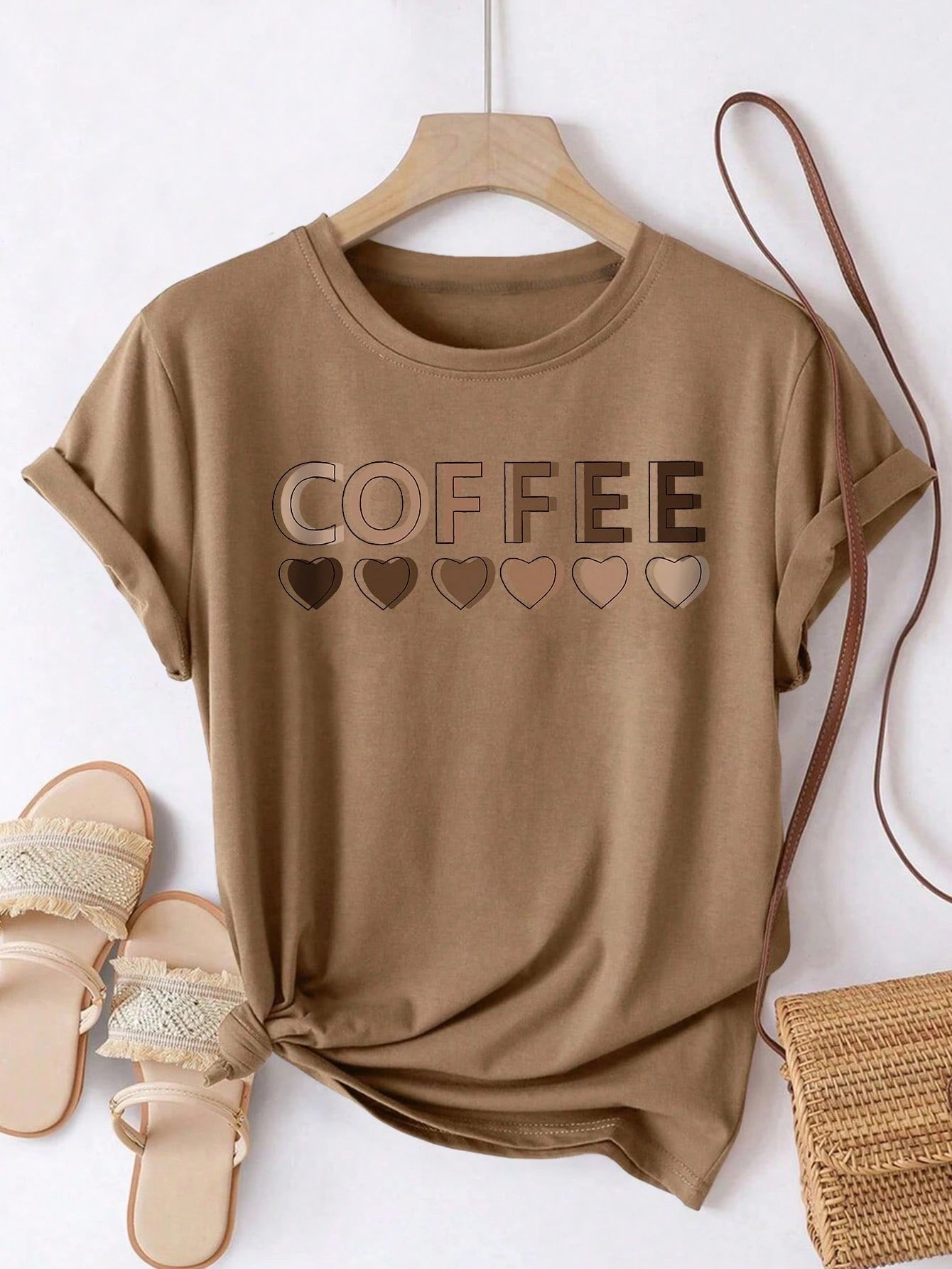 LUNE Plus Size Women Coffee Heart Print Casual Round Neck Short Sleeve T-Shirt, Summer