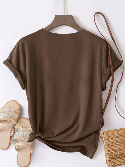 LUNE Plus Size Women Coffee Heart Print Casual Round Neck Short Sleeve T-Shirt, Summer