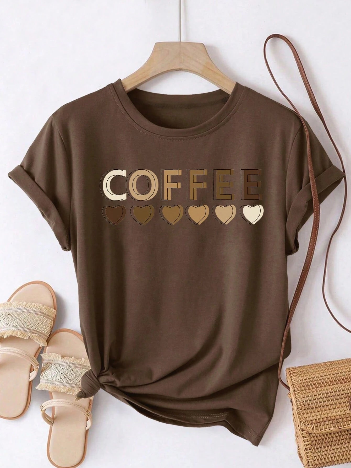 LUNE Plus Size Women Coffee Heart Print Casual Round Neck Short Sleeve T-Shirt, Summer