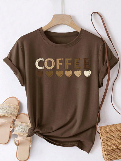 LUNE Plus Size Women Coffee Heart Print Casual Round Neck Short Sleeve T-Shirt, Summer
