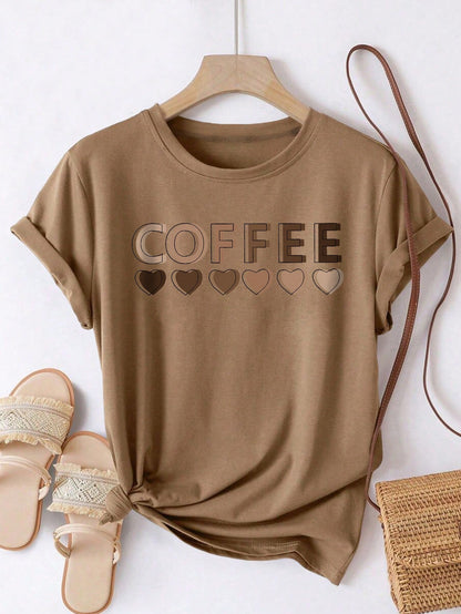 LUNE Plus Size Women Coffee Heart Print Casual Round Neck Short Sleeve T-Shirt, Summer