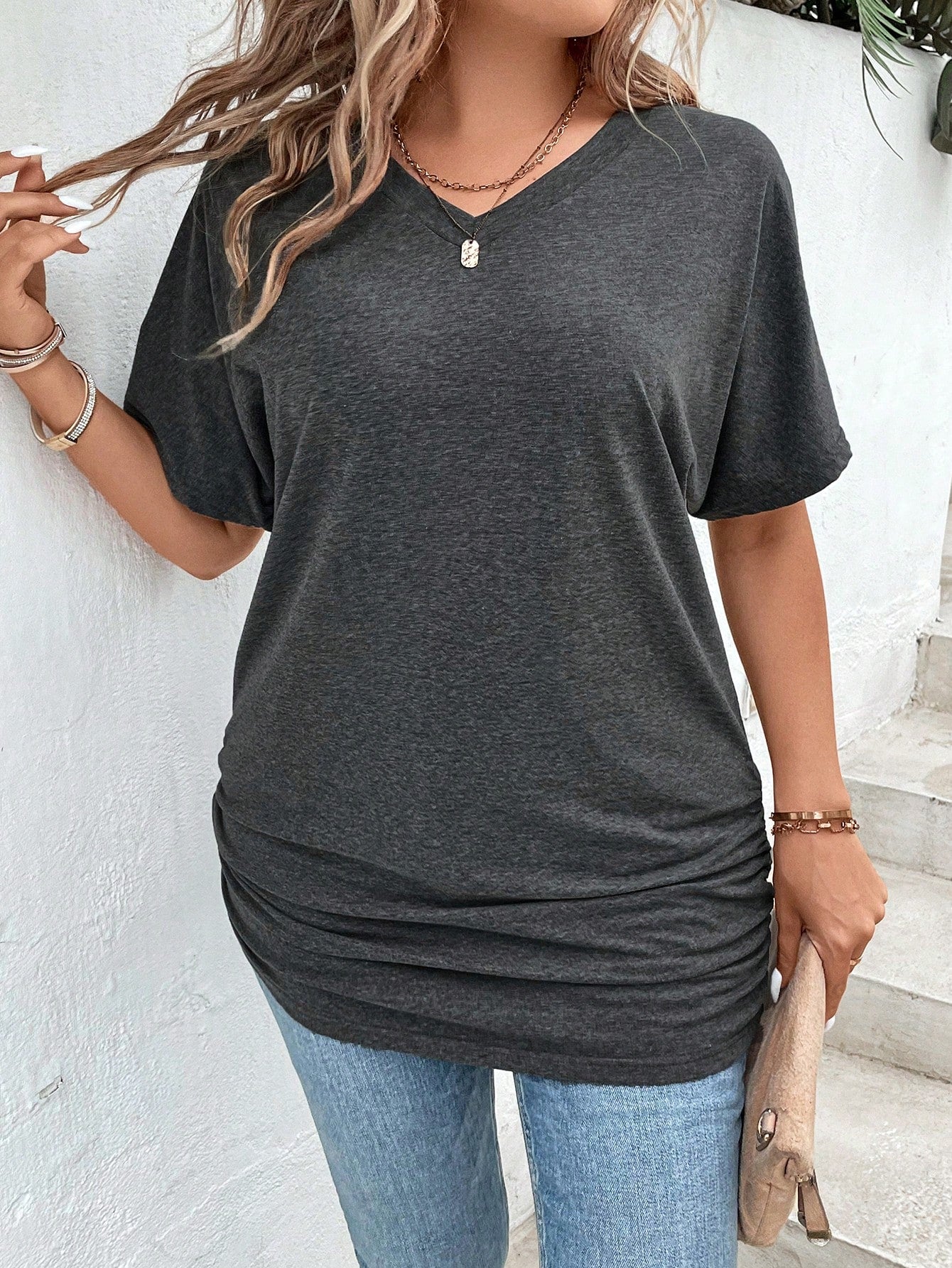 LUNE Plus Solid Ruched Batwing Sleeve Tee
