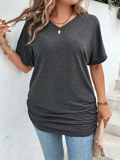 LUNE Plus Solid Ruched Batwing Sleeve Tee