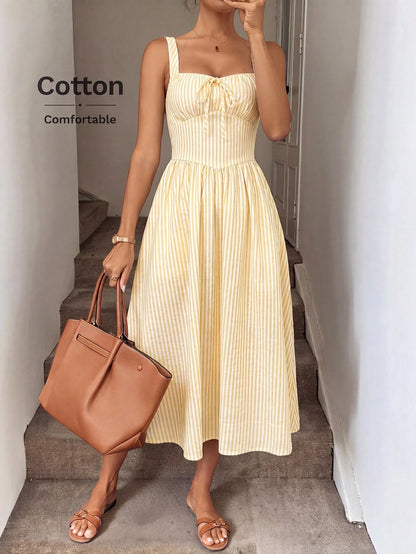 LUNE Ruched Tie Cinched Waist A-Line Midi Dress, Woven Striped Fabric, Casual Vacation Elegant Dress For Women, Spring/Summer,Summer Dresses For Women