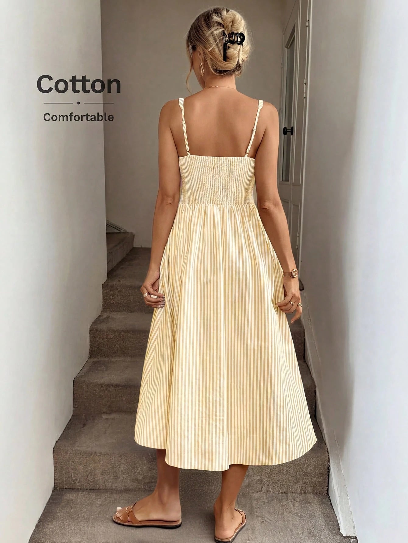 LUNE Ruched Tie Cinched Waist A-Line Midi Dress, Woven Striped Fabric, Casual Vacation Elegant Dress For Women, Spring/Summer,Summer Dresses For Women