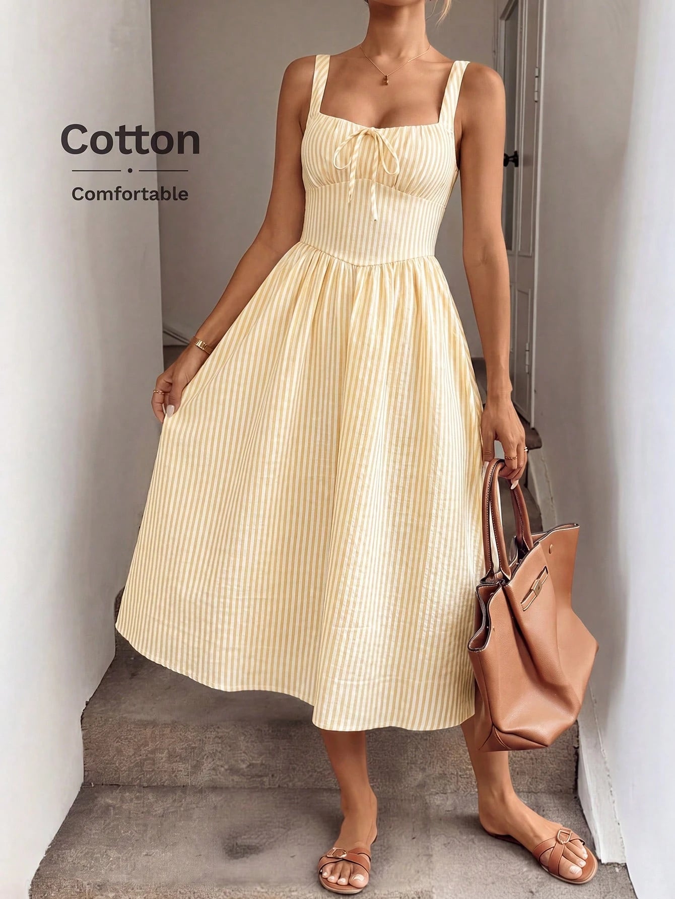 LUNE Ruched Tie Cinched Waist A-Line Midi Dress, Woven Striped Fabric, Casual Vacation Elegant Dress For Women, Spring/Summer,Summer Dresses For Women