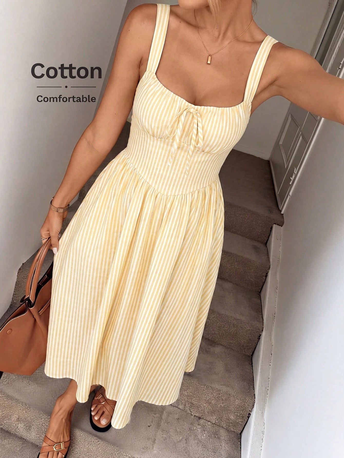 LUNE Ruched Tie Cinched Waist A-Line Midi Dress, Woven Striped Fabric, Casual Vacation Elegant Dress For Women, Spring/Summer,Summer Dresses For Women