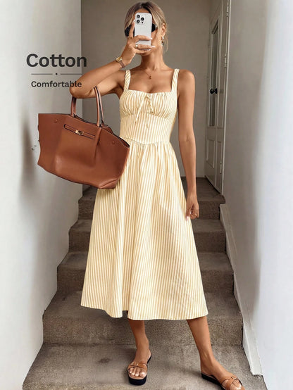 LUNE Ruched Tie Cinched Waist A-Line Midi Dress, Woven Striped Fabric, Casual Vacation Elegant Dress For Women, Spring/Summer,Summer Dresses For Women