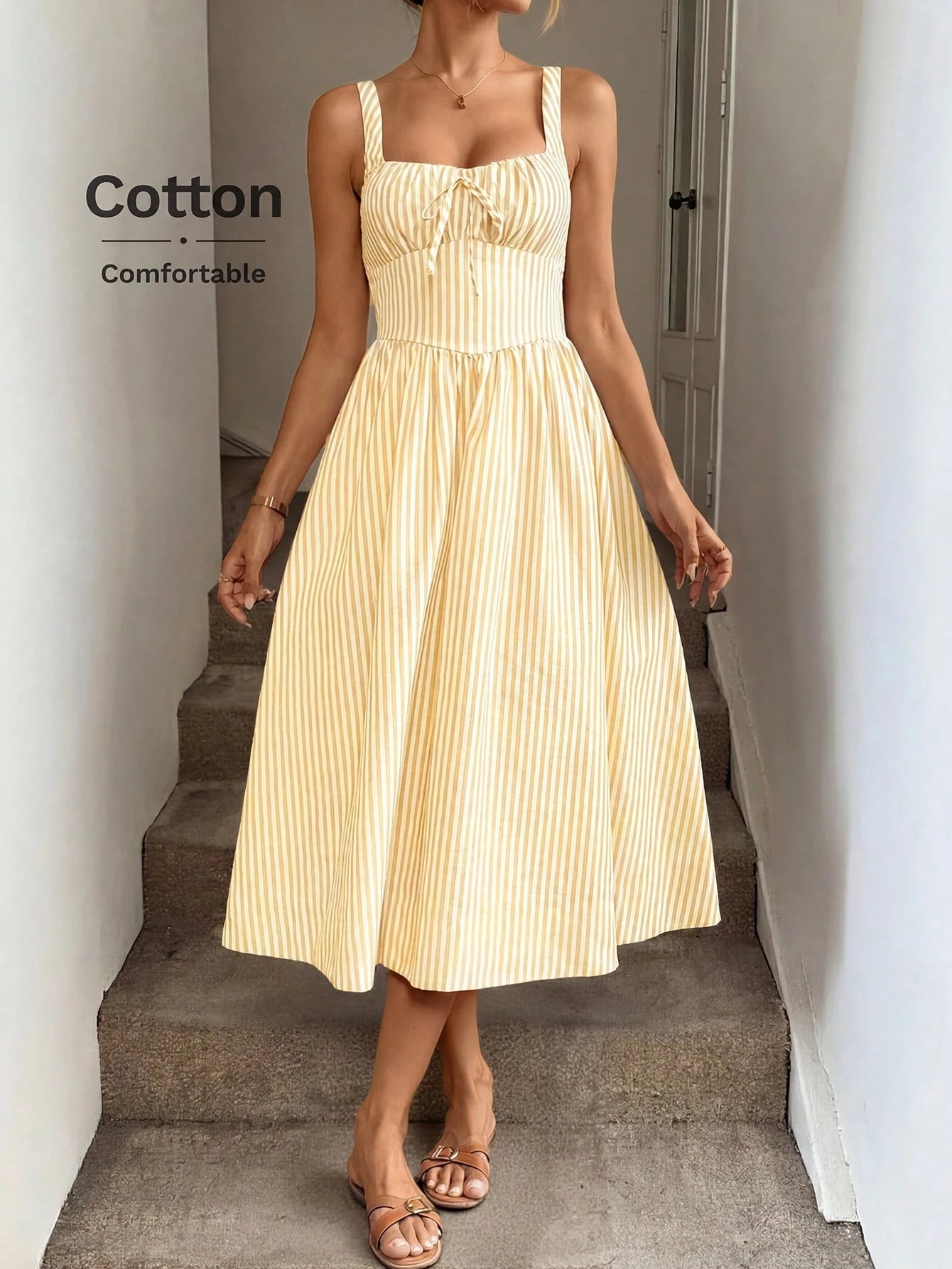 LUNE Ruched Tie Cinched Waist A-Line Midi Dress, Woven Striped Fabric, Casual Vacation Elegant Dress For Women, Spring/Summer,Summer Dresses For Women