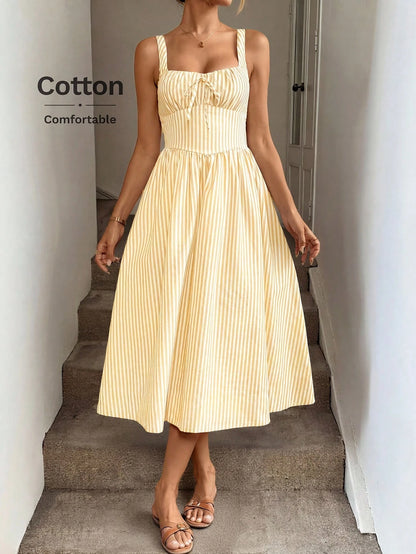 LUNE Ruched Tie Cinched Waist A-Line Midi Dress, Woven Striped Fabric, Casual Vacation Elegant Dress For Women, Spring/Summer,Summer Dresses For Women