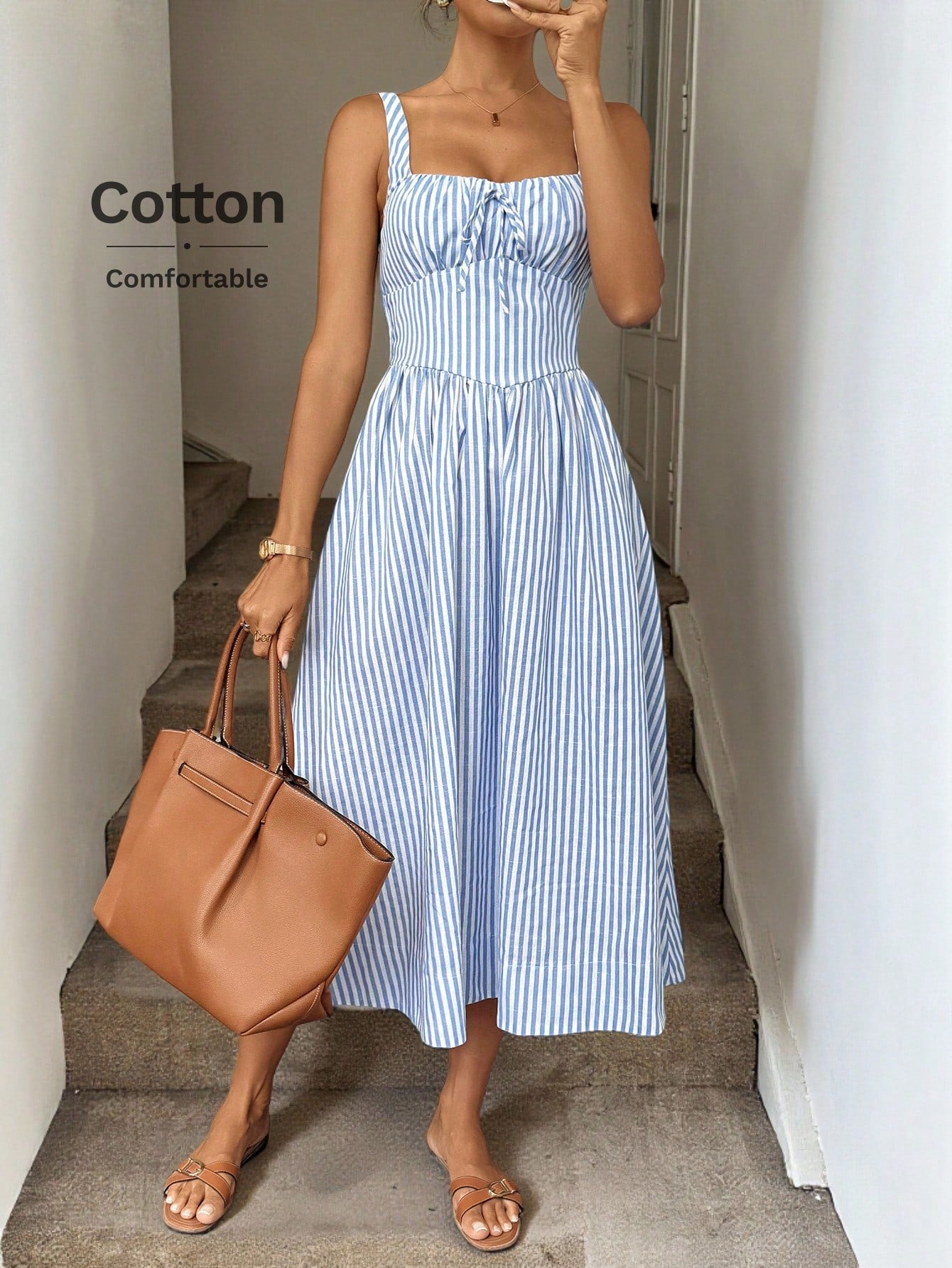 LUNE Ruched Tie Cinched Waist A-Line Midi Dress, Woven Striped Fabric, Casual Vacation Elegant Dress For Women, Spring/Summer,Summer Dresses For Women