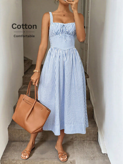 LUNE Ruched Tie Cinched Waist A-Line Midi Dress, Woven Striped Fabric, Casual Vacation Elegant Dress For Women, Spring/Summer,Summer Dresses For Women