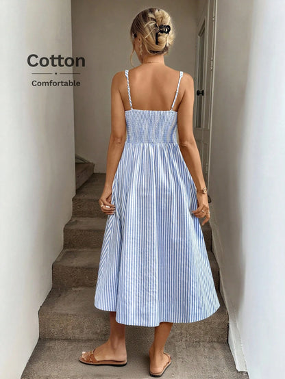 LUNE Ruched Tie Cinched Waist A-Line Midi Dress, Woven Striped Fabric, Casual Vacation Elegant Dress For Women, Spring/Summer,Summer Dresses For Women