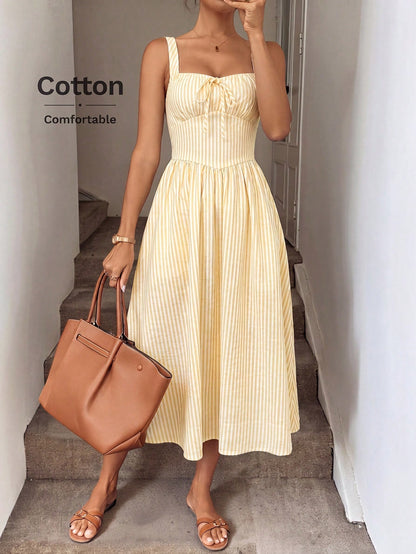 LUNE Ruched Tie Cinched Waist A-Line Midi Dress, Woven Striped Fabric, Casual Vacation Elegant Dress For Women, Spring/Summer,Summer Dresses For Women