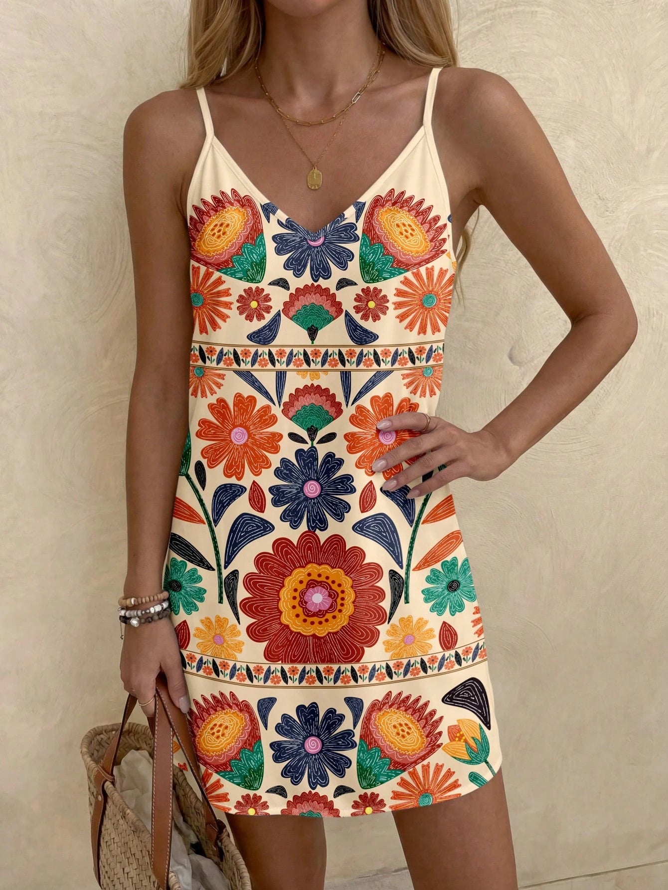 LUNE Women Casual Boho Print Mini Dress, Suitable For Autumn And Winter, Summer Dresses For Going Out Beach Chic Dress, Vacation Beige