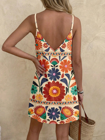 LUNE Women Casual Boho Print Mini Dress, Suitable For Autumn And Winter, Summer Dresses For Going Out Beach Chic Dress, Vacation Beige
