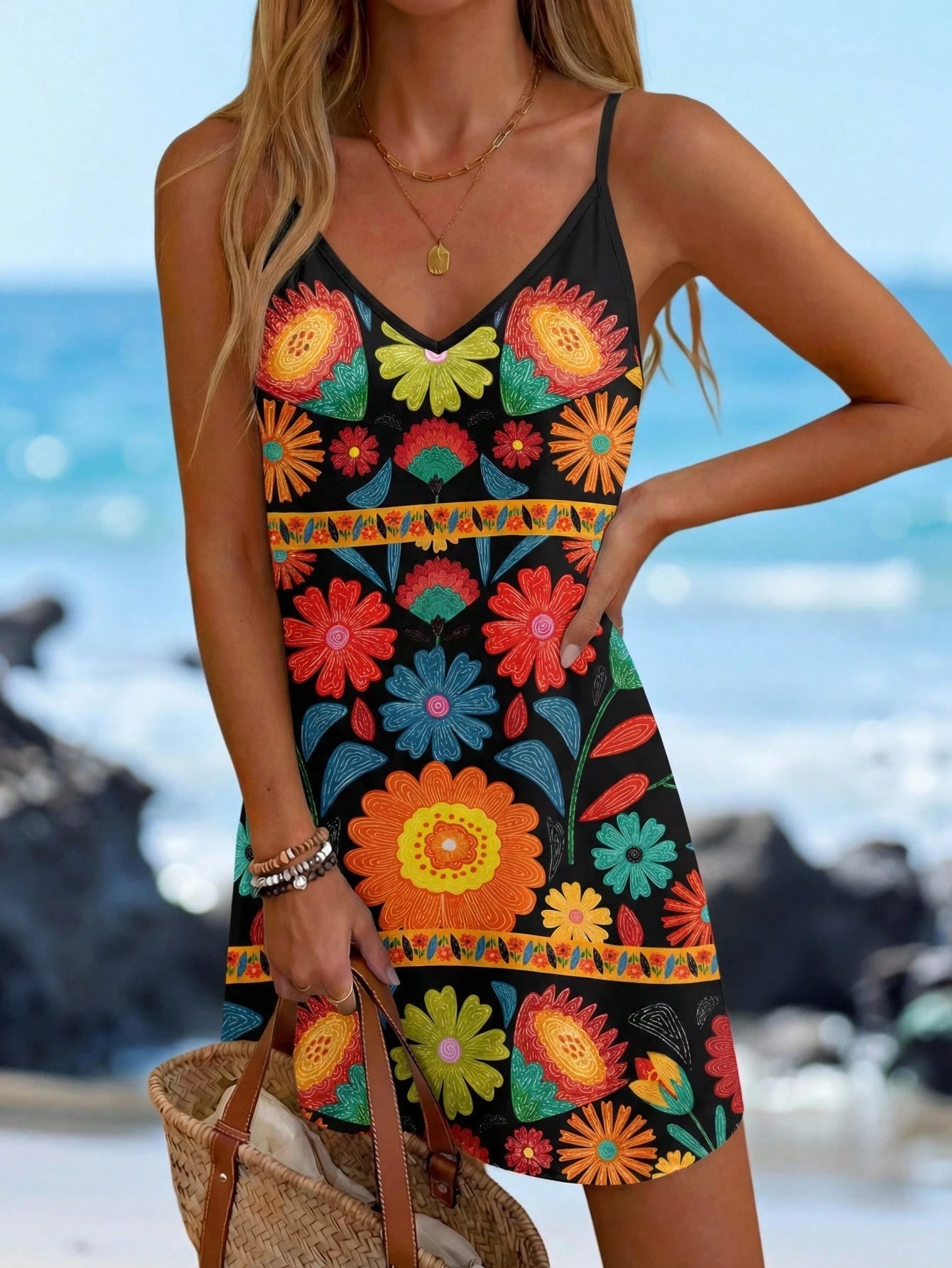 LUNE Women Casual Boho Print Mini Dress, Suitable For Autumn And Winter, Summer Dresses For Going Out Beach Chic Dress, Vacation Beige