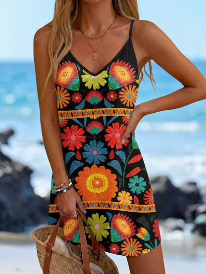 LUNE Women Casual Boho Print Mini Dress, Suitable For Autumn And Winter, Summer Dresses For Going Out Beach Chic Dress, Vacation Beige
